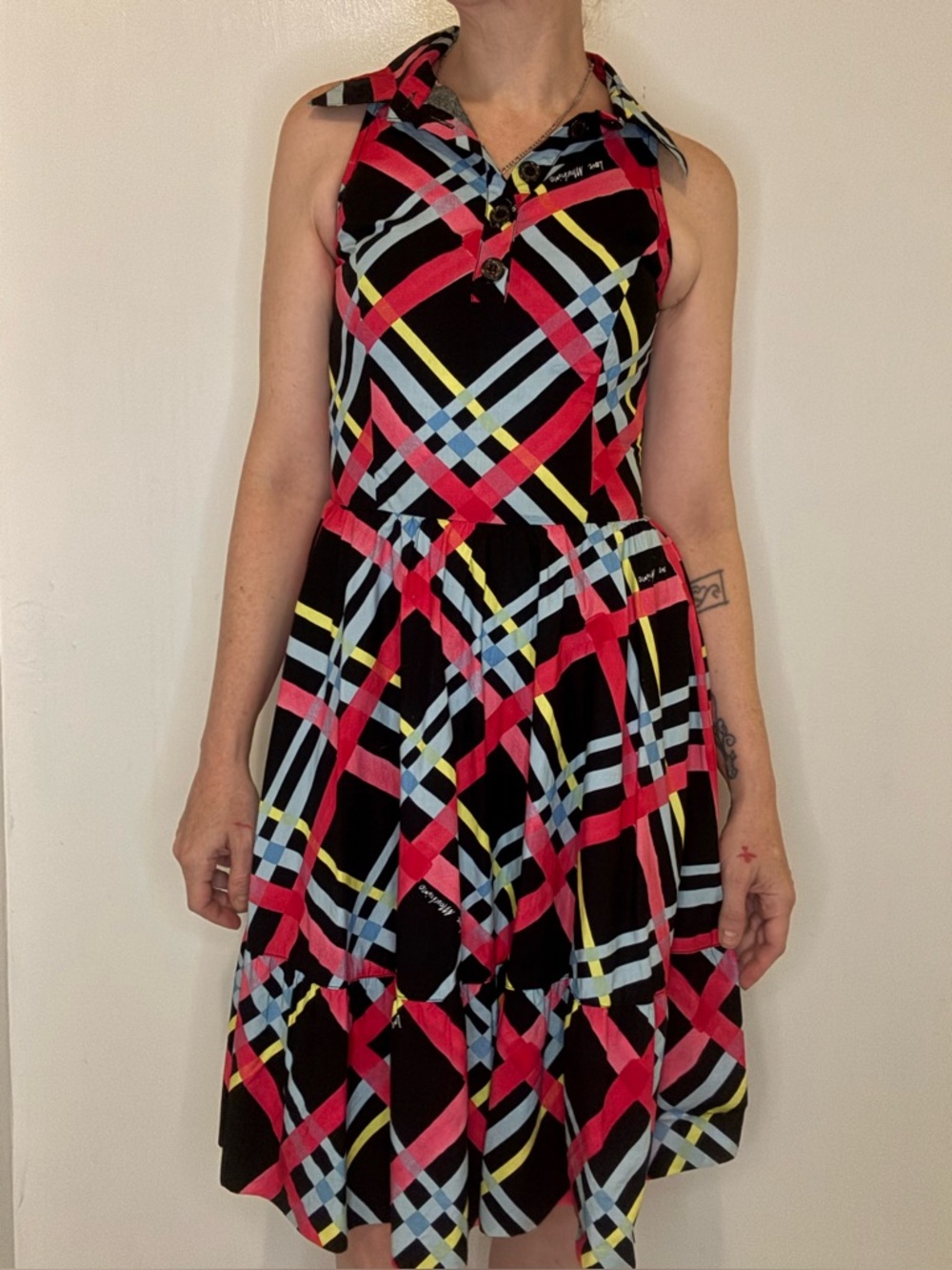 Moschino Black Midi Dress with Pink, Blue & Yellow Plaid
